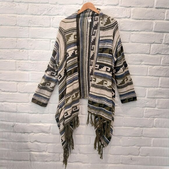 J Jill Open Sweater Cardigan XL Green Blue Southwest Aztec Fringe Wool Blend - Picture 1 of 12